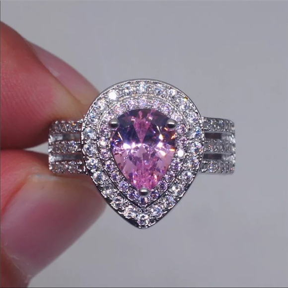 Women Pink Water Drop Cubic Zirconia 3 Layers Ring - Picture 3 of 5